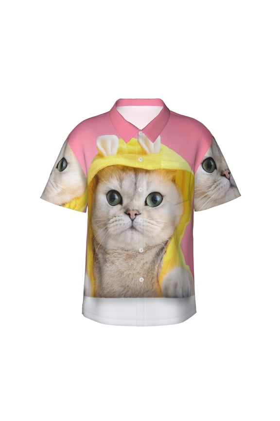 A Funny Cat Pattern Men's Casual Button-Down Shirts Hawaiian Shirt Short Sleeve-3X-Large