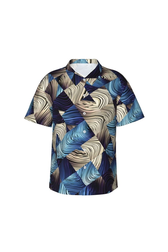 Abstract Blue Squares Pattern Men's Casual Button-Down Shirts Hawaiian Shirt Short Sleeve-3X-Large