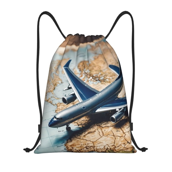 Kuqiui Airplane World Map Adventure Print Drawstring Backpack Drawstring Bags,Draw String Back Bag Drawstring Bags for Sports,Gym,Travel,Swimming,Beach
