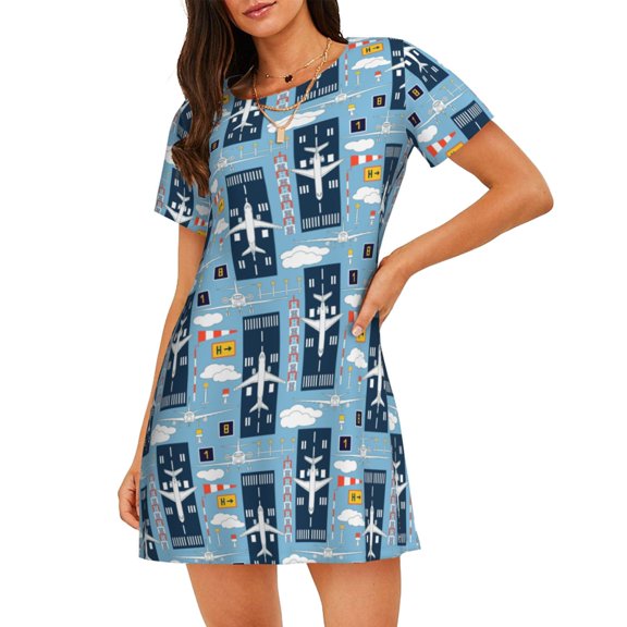 Kuqiui Airplanes and Aviation Signs Pattern Women's Short-sleeved Nightgown,Casual Sleep A-line Sleepwear Comfy Sleepshirt,Cute Breathable Nightdress Ruffle - 3X-Large