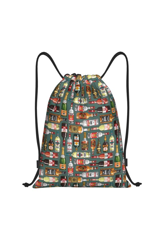 Alcohol Bottles Print Drawstring Backpack Drawstring Bags,Draw String Back Bag Drawstring Bags for Sports,Gym,Travel,Swimming,Beach
