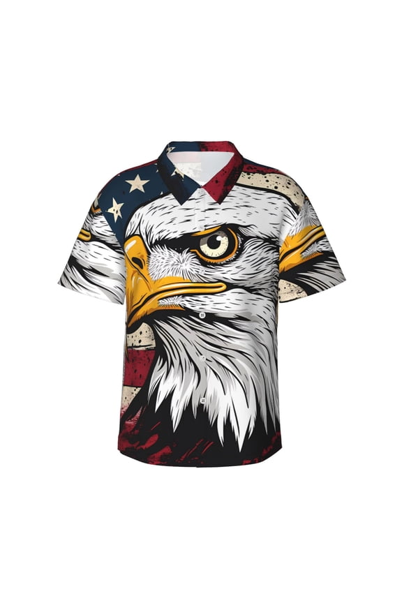 American Bald Eagle Pattern Men's Casual Button-Down Shirts Hawaiian Shirt Short Sleeve-Large