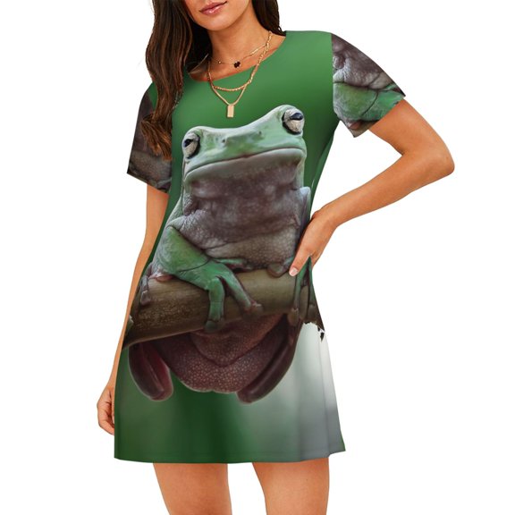 Kuqiui Australian White Tree Frog Sitting on Branch Pattern Women's Short-sleeved Nightgown,Casual Sleep A-line Sleepwear Comfy Sleepshirt,Cute Breathable Nightdress Ruffle - XX-Large