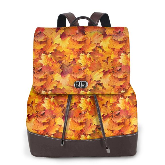 Kuqiui Autumn Maple Leaf Pile Print Leather Backpack Purse For Women Fashion Ladies Vintage Bags Casual College Travel Backpacks bag