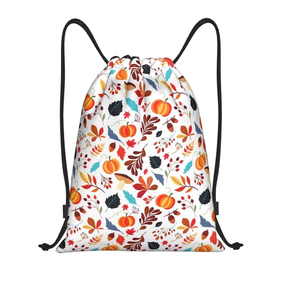 Kuqiui Autumn Pumpkins Fall Leaves Print Drawstring Backpack Drawstring Bags,Draw String Back Bag Drawstring Bags for Sports,Gym,Travel,Swimming,Beach