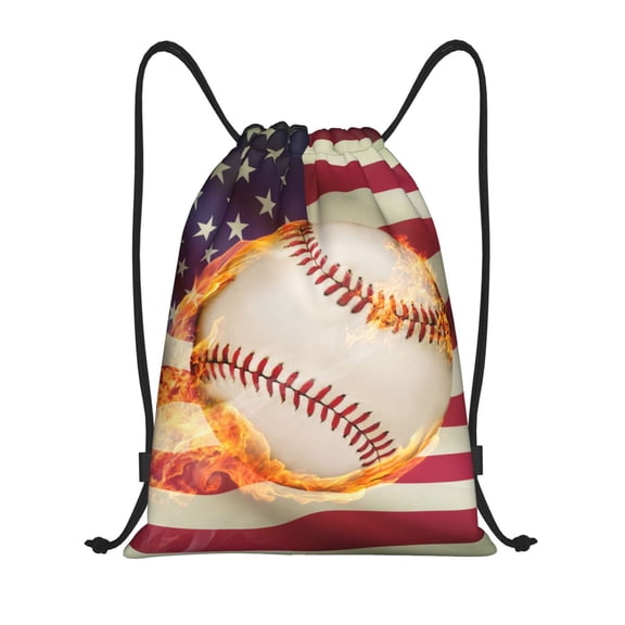 Kuqiui Baseball Ball With Flag Print Drawstring Backpack Drawstring Bags,Draw String Back Bag Drawstring Bags for Sports,Gym,Travel,Swimming,Beach