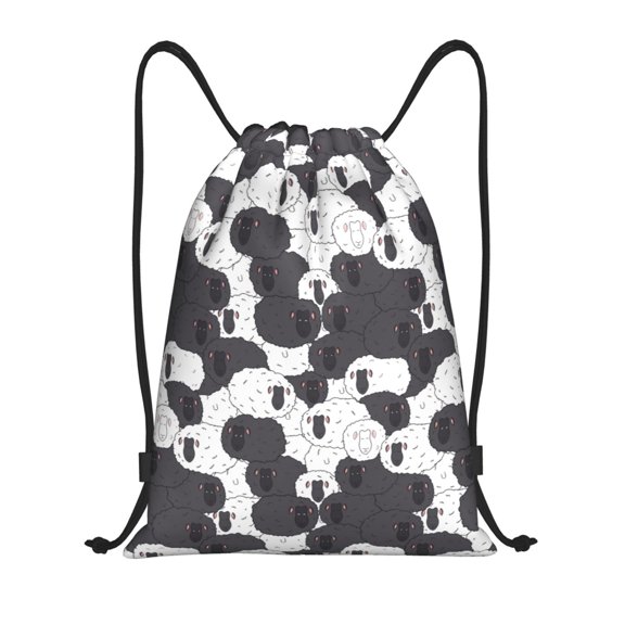 Kuqiui Black And White Sheeps Print Drawstring Backpack Drawstring Bags,Draw String Back Bag Drawstring Bags for Sports,Gym,Travel,Swimming,Beach