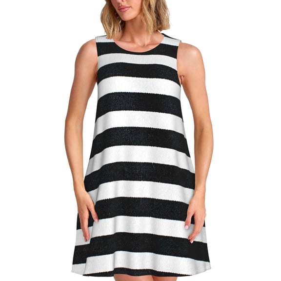 Kuqiui Black And White Stripes for Women's Sleeveless A-Line Dress with Pockets, Casual Knee Length Loose Tank Dress for Summer