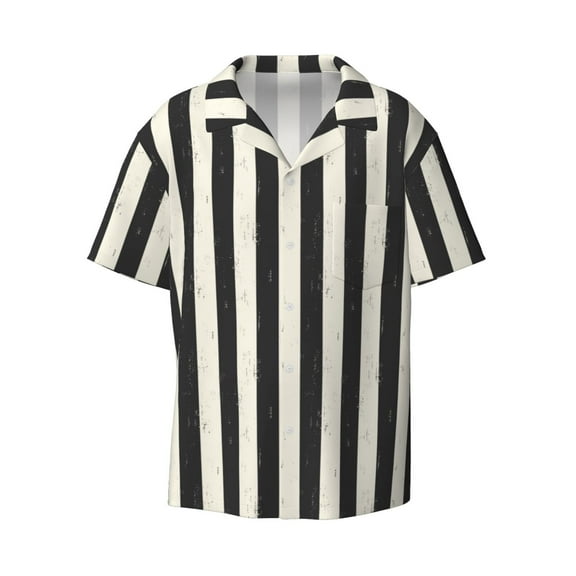 Kuqiui Black And White Thick Stripes Print Men's Button Down Shirts Short Sleeve Casual Shirts Hawaiian Shirts Vacation Wedding Shirts with Pocket-3X-Large