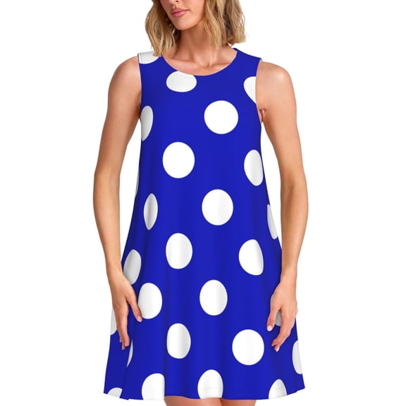 Kuqiui Blue And White Polka Dot for Women's Sleeveless A-Line Dress with Pockets, Casual Knee Length Loose Tank Dress for Summer