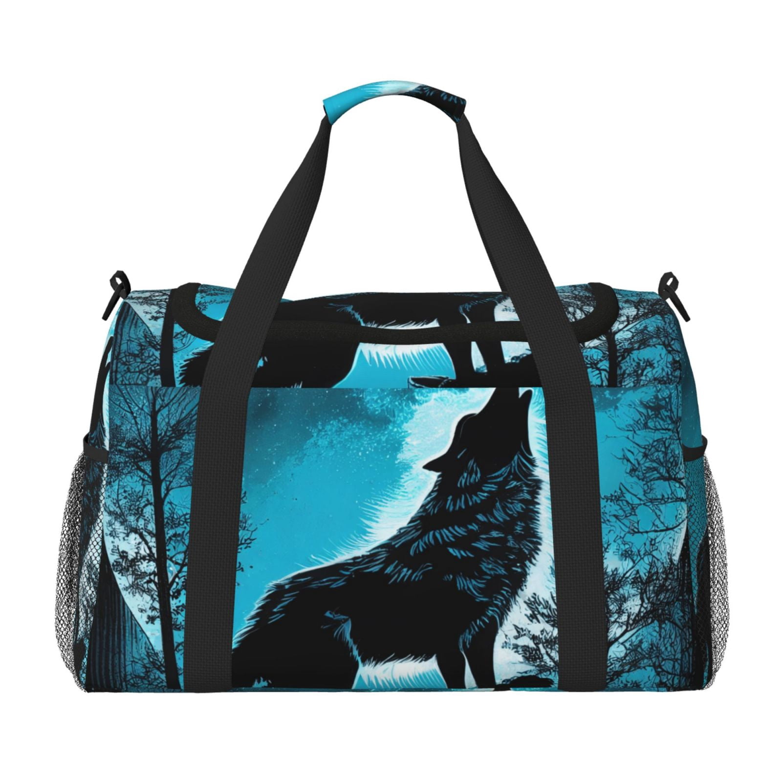 Kuqiui Blue Full Moon Wolf Print Foldable Travel Duffel Bag Tote Carry on Luggage Bag Personal item Sports Gym Bag Water Resistant Weekender Overnight Bags for Women and Men