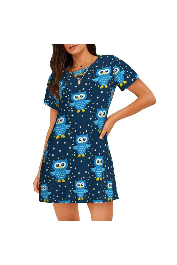 Blue Owl Pattern Women's Short-sleeved Nightgown,Casual Sleep A-line Sleepwear Comfy Sleepshirt,Cute Breathable Nightdress Ruffle - 3X-Large