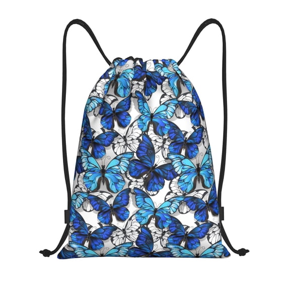 Kuqiui Blue and White Butterflies Print Drawstring Backpack Drawstring Bags,Draw String Back Bag Drawstring Bags for Sports,Gym,Travel,Swimming,Beach