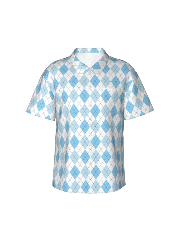 Blue and White Squares Pattern Men's Casual Button-Down Shirts Hawaiian Shirt Short Sleeve-X-Large