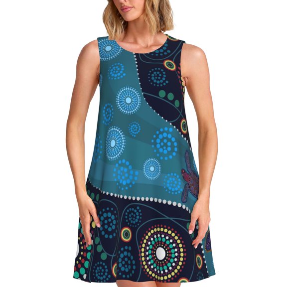 Kuqiui Bohemian Turtle for Women's Sleeveless A-Line Dress with Pockets, Casual Knee Length Loose Tank Dress for Summer