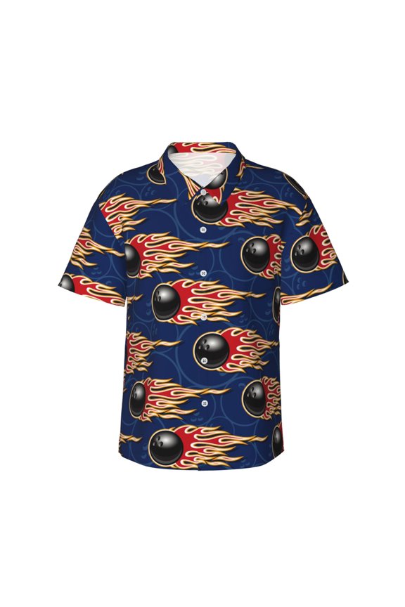 Bowling Ball And Flame Pattern Men's Casual Button-Down Shirts Hawaiian Shirt Short Sleeve-Medium