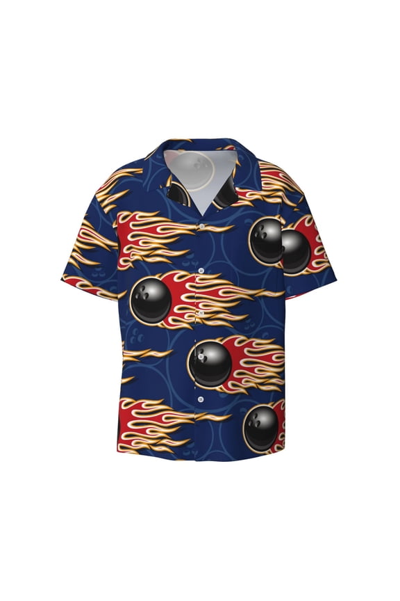 Bowling Ball And Flame Print Men's Button Down Shirts Short Sleeve Casual Shirts Hawaiian Shirts Vacation Wedding Shirts with Pocket-3X-Large