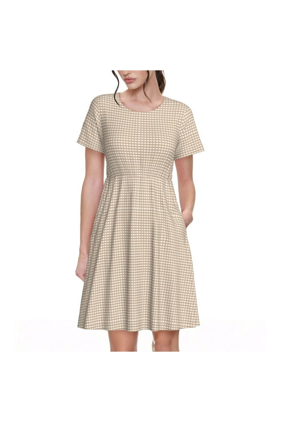 Brown Gingham Print Women's Short Sleeve A-Line Dress with Pockets, Casual Crew Neck Knee-Length Dress for Daily Wear