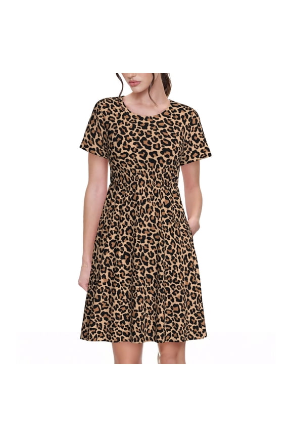 Brown Leopard Print Women's Short Sleeve A-Line Dress with Pockets, Casual Crew Neck Knee-Length Dress for Daily Wear