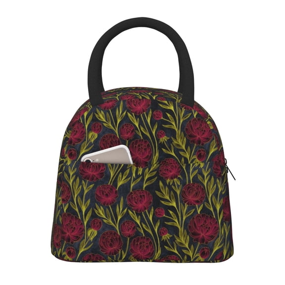 Kuqiui Burgundy Peony Flowers Print Lunch Bag for Women & Men Adult Insulated Lunch Box,Small Leakproof Cooler Food Lunch Containers Reusable High Capacity Lunch Tote Bags for Work,Travel,Outdoor