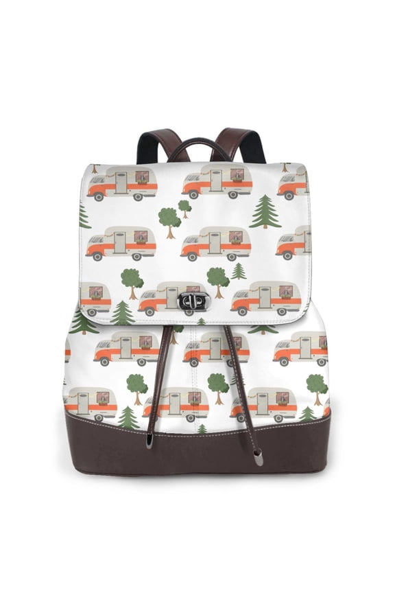 Camp Van Print Leather Backpack Purse For Women Fashion Ladies Vintage Bags Casual College Travel Backpacks bag