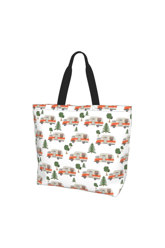 Camp Van Print Tote Bag,Zipper Tote Bag for Women,Tote Bag Inner Pocket Pattern Lightweight Daily Bag Book Bag