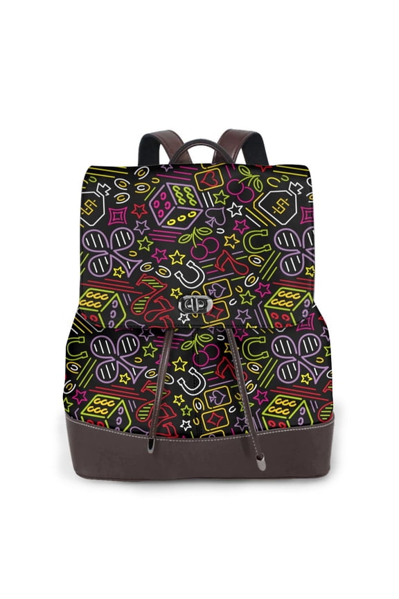 Casino Icons Print Leather Backpack Purse For Women Fashion Ladies Vintage Bags Casual College Travel Backpacks bag