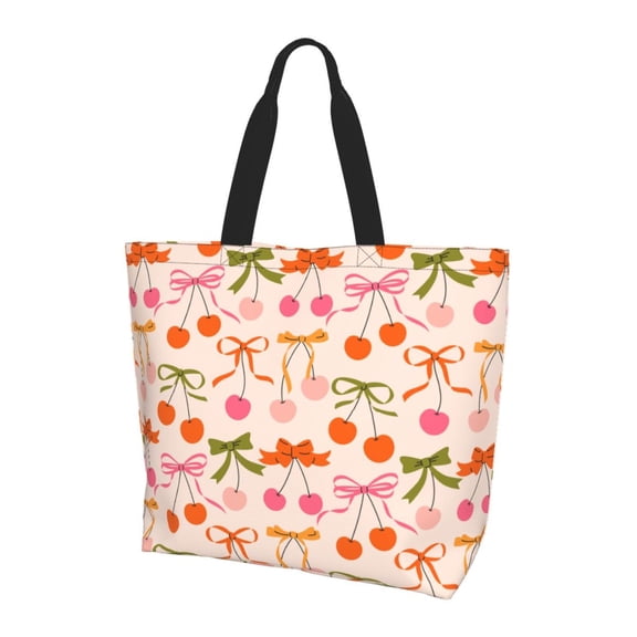 Kuqiui Cherries And Bows Print Tote Bag,Zipper Tote Bag for Women,Tote Bag Inner Pocket Pattern Lightweight Daily Bag Book Bag