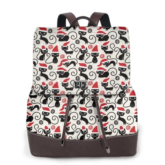 Kuqiui Christmas Cat Print Leather Backpack Purse For Women Fashion Ladies Vintage Bags Casual College Travel Backpacks bag