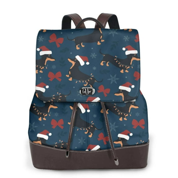 Kuqiui Christmas Dachshund Print Leather Backpack Purse For Women Fashion Ladies Vintage Bags Casual College Travel Backpacks bag