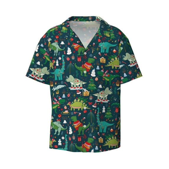 Kuqiui Christmas Dinosaur colorful Print Men's Button Down Shirts Short Sleeve Casual Shirts Hawaiian Shirts Vacation Wedding Shirts with Pocket-Small