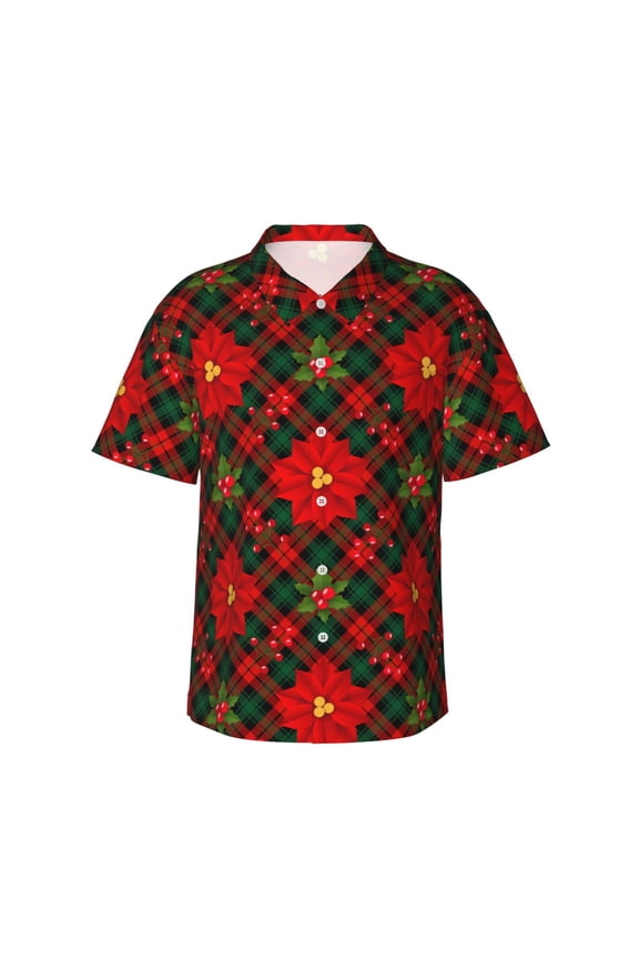 Christmas Plaid Flower Pattern Men's Casual Button-Down Shirts Hawaiian Shirt Short Sleeve-3X-Large