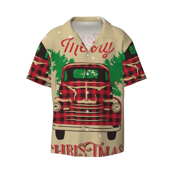 Kuqiui Christmas Vintage Red Truck Print Men's Button Down Shirts Short Sleeve Casual Shirts Hawaiian Shirts Vacation Wedding Shirts with Pocket-3X-Large