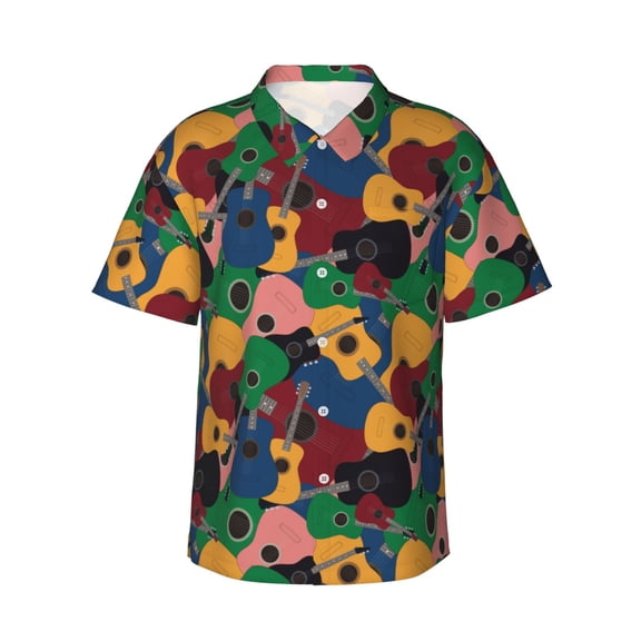 Kuqiui Colored Guitars Pattern Men's Casual Button-Down Shirts Hawaiian Shirt Short Sleeve-Small