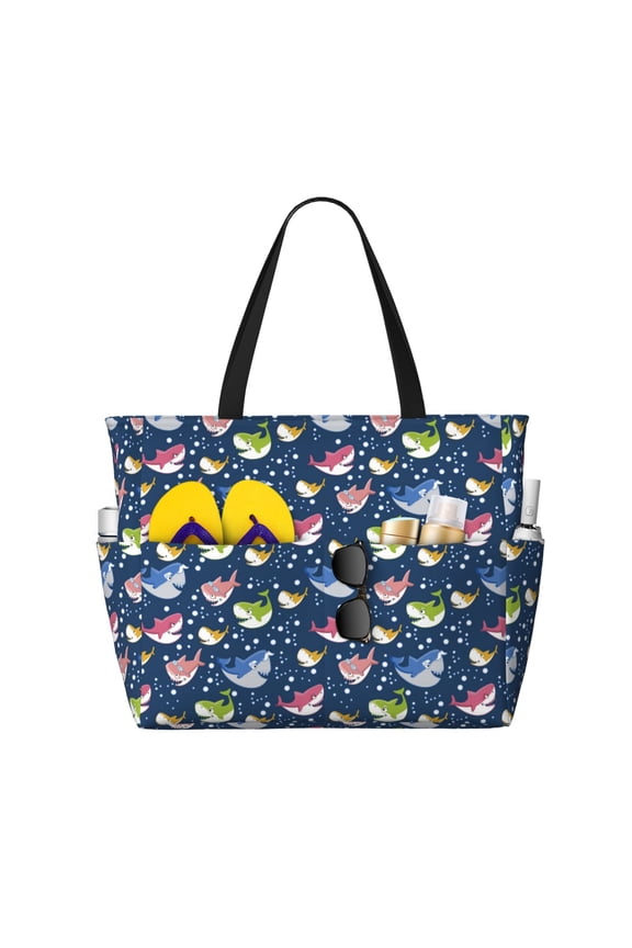 Colorful Cartoon Shark Print Beach Pool Bags Tote for Women Ladies Large Gym Tote Carry On Bag for Weekender Travel Waterproof