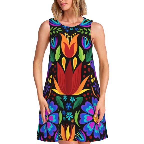 Kuqiui Colorful Floral for Women's Sleeveless A-Line Dress with Pockets, Casual Knee Length Loose Tank Dress for Summer