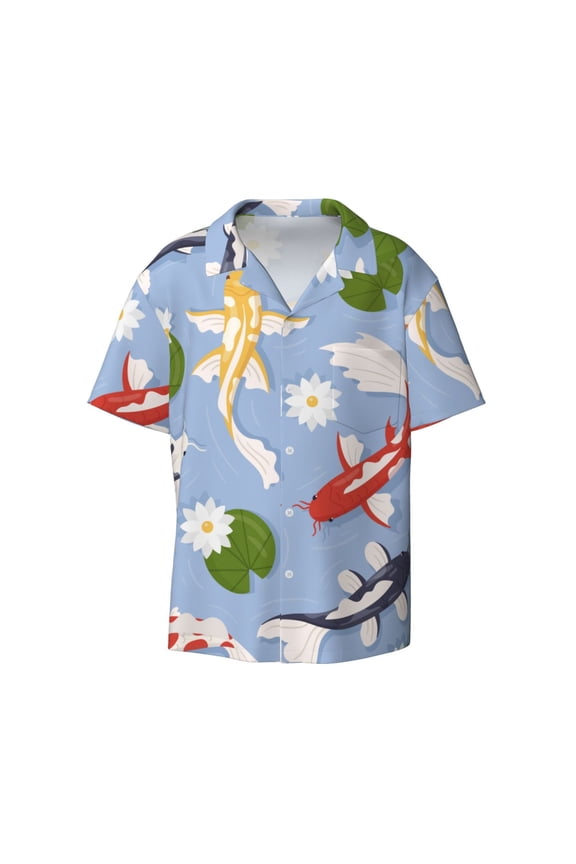 Colorful Koi Fish Print Men's Button Down Shirts Short Sleeve Casual Shirts Hawaiian Shirts Vacation Wedding Shirts with Pocket-Large