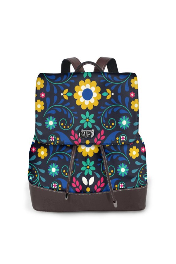 Colorful Mexican Flower Print Leather Backpack Purse For Women Fashion Ladies Vintage Bags Casual College Travel Backpacks bag