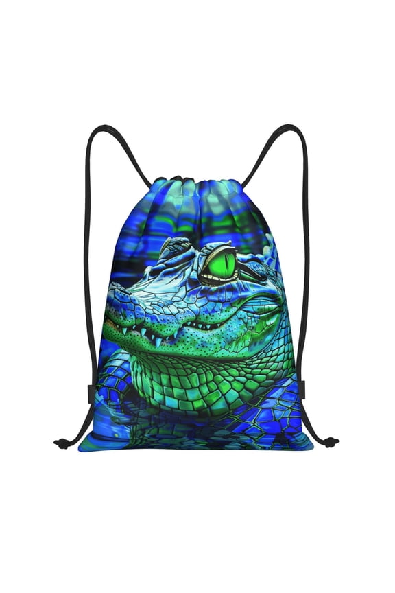 Colorful Stained Glass Crocodile Print Drawstring Backpack Drawstring Bags,Draw String Back Bag Drawstring Bags for Sports,Gym,Travel,Swimming,Beach