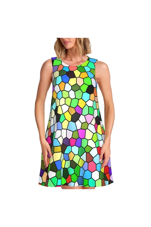 Colorful Tie Dye Stained Glass for Women's Sleeveless A-Line Dress with Pockets, Casual Knee Length Loose Tank Dress for Summer