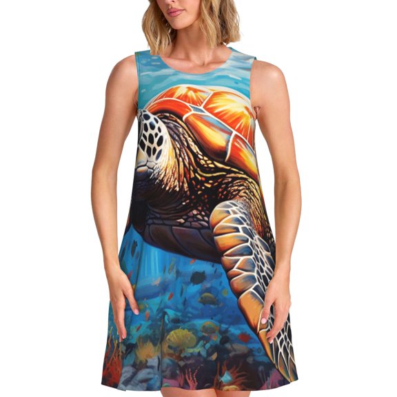 Kuqiui Colorful Underwater Sea Turtle for Women's Sleeveless A-Line Dress with Pockets, Casual Knee Length Loose Tank Dress for Summer