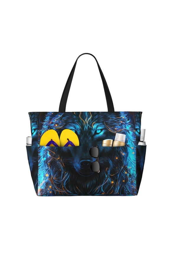 Cool Blue Light Wolf Print Beach Pool Bags Tote for Women Ladies Large Gym Tote Carry On Bag for Weekender Travel Waterproof