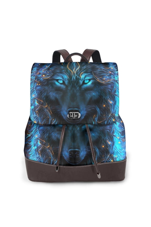 Cool Blue Light Wolf Print Leather Backpack Purse For Women Fashion Ladies Vintage Bags Casual College Travel Backpacks bag