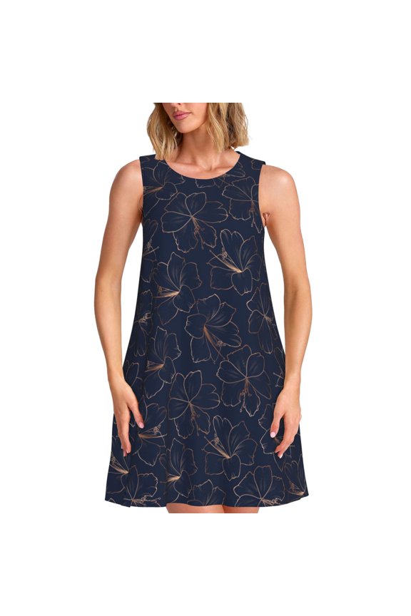 Copper-Gold Gloss Outline Lily Flower for Women's Sleeveless A-Line Dress with Pockets, Casual Knee Length Loose Tank Dress for Summer