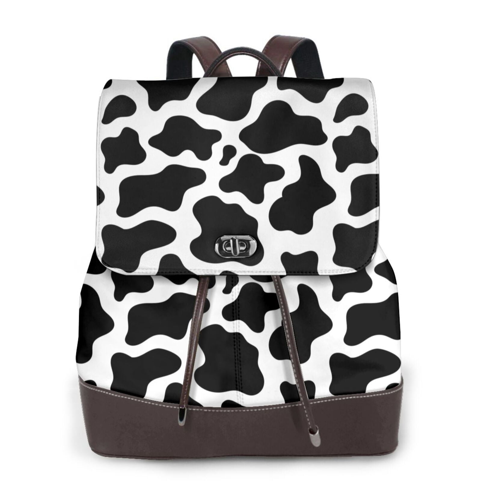 Kuqiui Cow Print Black White Print Leather Backpack Purse For Women Fashion Ladies Vintage Bags Casual College Travel Backpacks bag