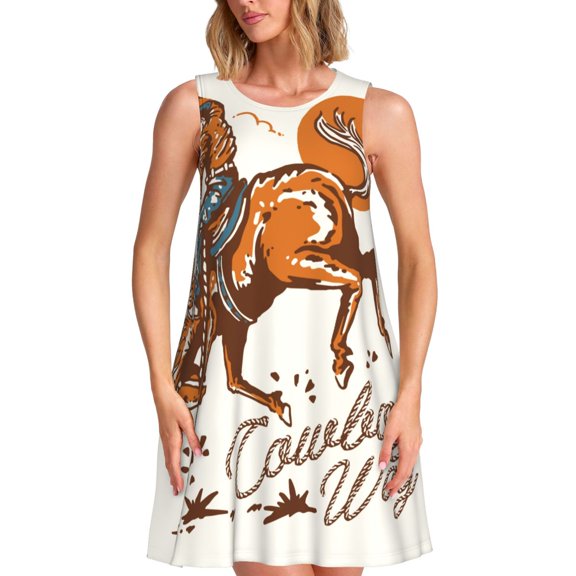 Kuqiui Cowboy Riding Horse for Women's Sleeveless A-Line Dress with Pockets, Casual Knee Length Loose Tank Dress for Summer