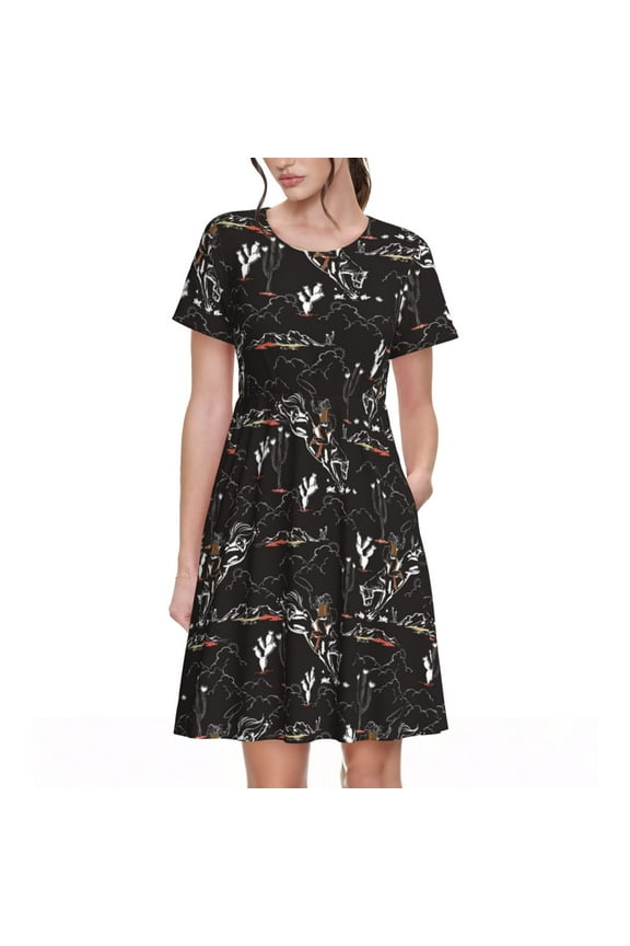 Cowgirl In Desert Print Women's Short Sleeve A-Line Dress with Pockets, Casual Crew Neck Knee-Length Dress for Daily Wear