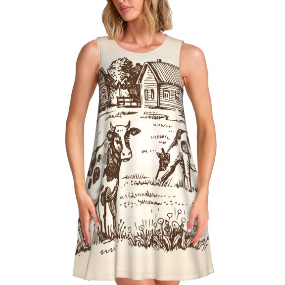 Kuqiui Cows On The Farm for Women's Sleeveless A-Line Dress with Pockets, Casual Knee Length Loose Tank Dress for Summer