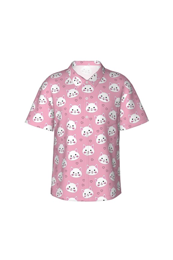 Cute Cat Pattern Men's Casual Button-Down Shirts Hawaiian Shirt Short Sleeve-XX-Large