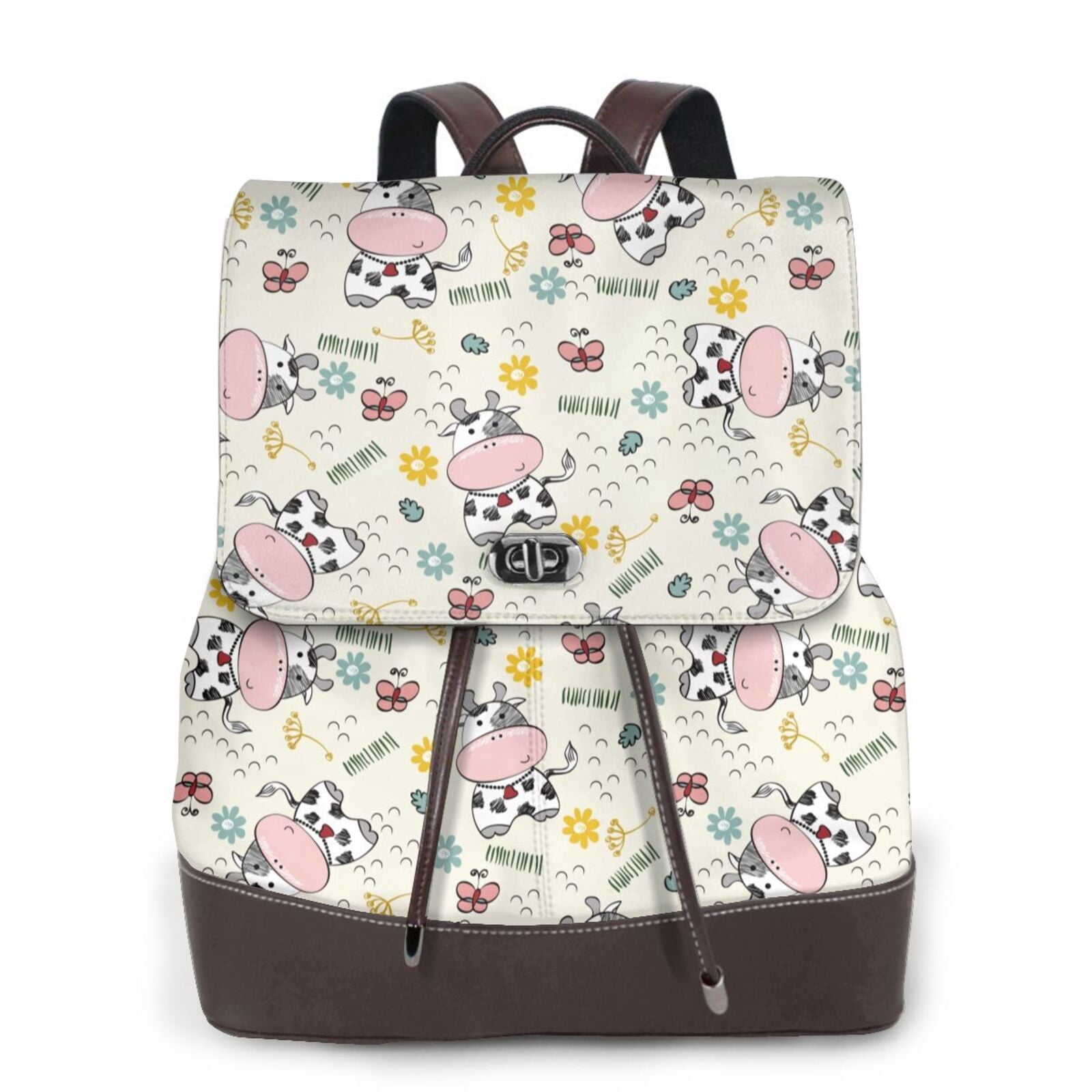 Kuqiui Cute Cow Print Leather Backpack Purse For Women Fashion Ladies Vintage Bags Casual College Travel Backpacks bag